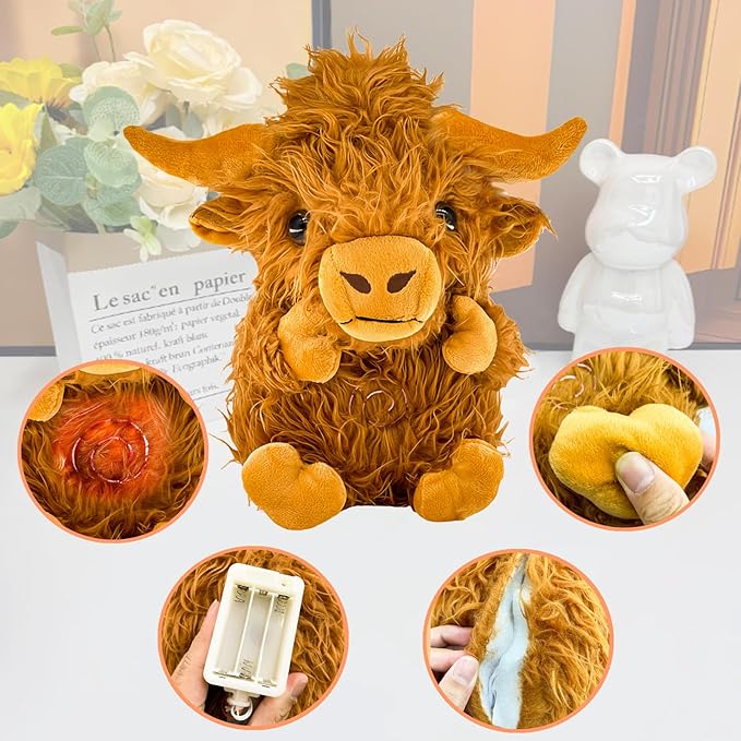 Highland Cow Soothing Breathing Stuffed Animal for Anxiety Kids, Sleeping Cow Plush Toy, Anxiety Stuffed Animal with Realistic Breathing Action and Lighted Music Easter Basket Stuffers