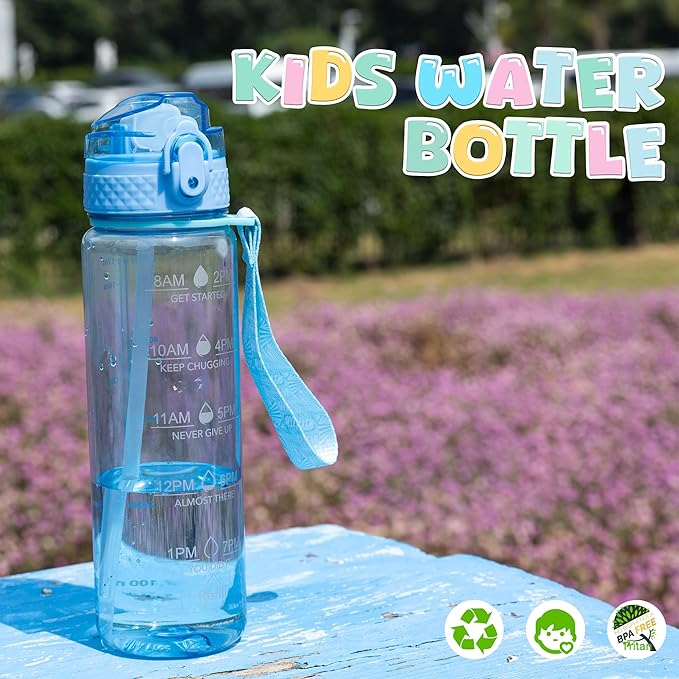 OLDLEY 17oz Kids Motivational Water Bottle, Leak-Proof Tritan BPA-Free, Reusable for School Girls & Boys, Silicone Straw, Baby Blue
