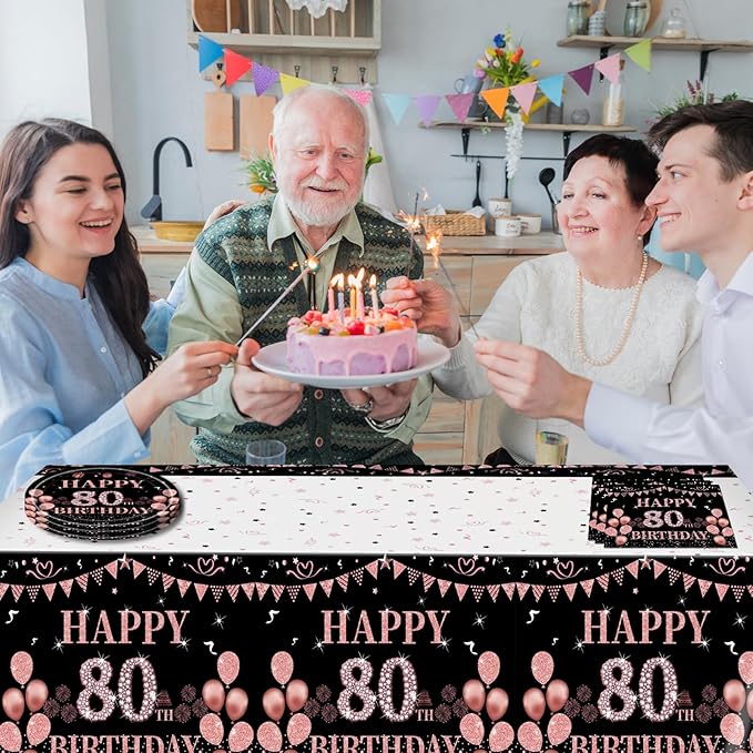 41Pcs 80th Birthday Decorations for Women, Vintage 80 Birthday Black and Rose Gold Disposable Paper Plates and Napkins Party Supplies for 20 Guests, 41Pcs Include 7" Plates Napkins and Tablecloth
