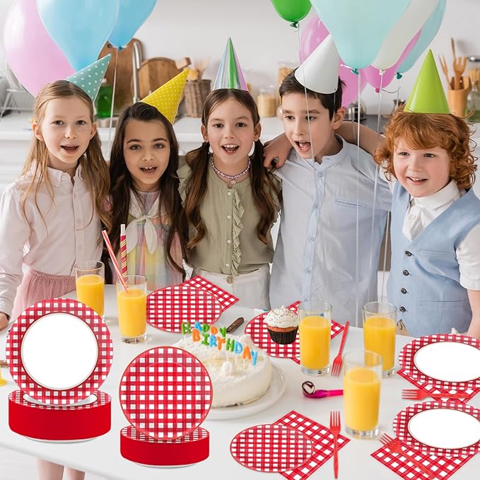 Naozinebi 200pcs Red and White Plates Napkins Checkered Plaid Paper Tableware Set Cake Dessert Disposable Dinnerware Spring Picnic Party Decoration for Baby Shower Birthday Decor Supplies Serves 50