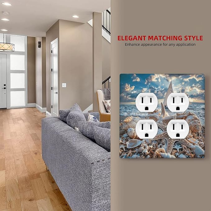Decorative Outlet Covers Ocean Sea Beach Starfish Seashell Sailboat Sunset 2 Gang Wall Plate Double Duplex Light Switch Cover Switch Plate Covers Faceplate for Bedroom Home Decor