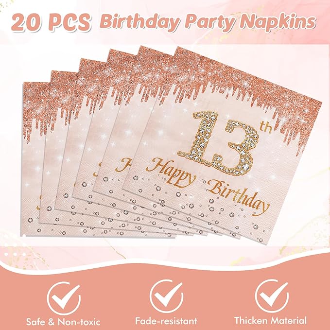 13th Birthday Party Decorations for Girls, Rose Gold Birthday Supplies Include 20Pcs Dinner Plates, 20Pcs Dessert Plates, 20Pieces Napkins and 2 Tablecloth, Sweet Thirteen Party Tableware