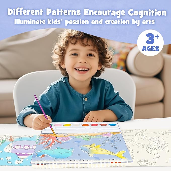 JCREN Paint with Water Books for Kids, Watercolor Coloring Book Mess Free Watercolor Painting Set, Arts and Crafts Water Color Paint Kit Birthday Gifts for Kids Toddlers 3-5 Boys Girls(Sea)