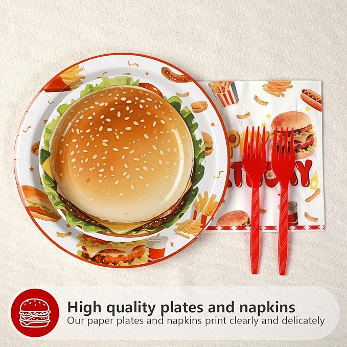 Grencian 96Pcs BBQ Birthday Party Decoration Fast Food Hamburger Plates and Napkins Disposable Barbecue Supplies Picnic Tableware for Food Themed Birthday Party Decorations Serves 24