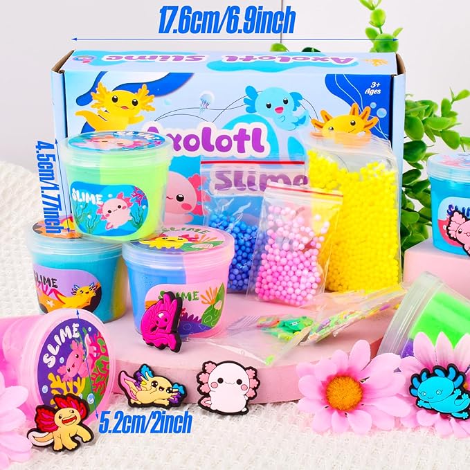 6 Pack Axolotl Slime Kit, Cute Stuff Butter Cloud Crystal for Girls Ages 8-12, Cloud Dough for Kids Set Party kit Goodie Bag Stuffers, Girls and Boy Birthday Gift Ideas Axolotl Blue