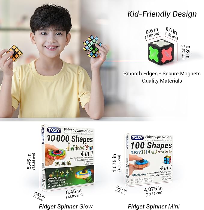 TOSY Magnet Fidget Spinner Mini - 8 Blocks, 3in1 Toy: Transformable Fidget Spinner, Infinity Cube, 2x2 Puzzle Cube, Easter Basket Stuffers Gift for Kids/Adult, STEM Sensory Stress Relief Toy, 4-Pack