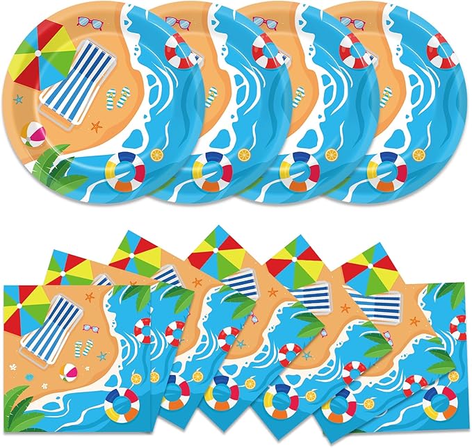 Qyeahkj 48Pcs Summer Beach Paper Plates and Napkins, Hawaiian Beach Theme Party Decorations, Hawaiian Pool Party Supplies, Summer Platters Disposable Tableware for Baby Shower Boys Girls Serves 24