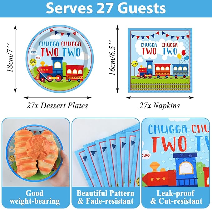 Qyeahkj 24 Guests Chugga Chugga Two Two Birthday Party Paper Plates Napkins Tablecloth Supplies Set Train 2nd Disposable Tableware Dinnerware Decorations Favors for Boys Girls Birthday Party