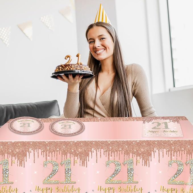 Ryzovo 41Pcs Rose Gold 21st Birthday Party Supplies: 20Pcs Plates, 20Pcs Napkins, 1Piece Tablecloth for 20 Guests - Modern, Disposable, Rose Gold 21st Birthday Theme