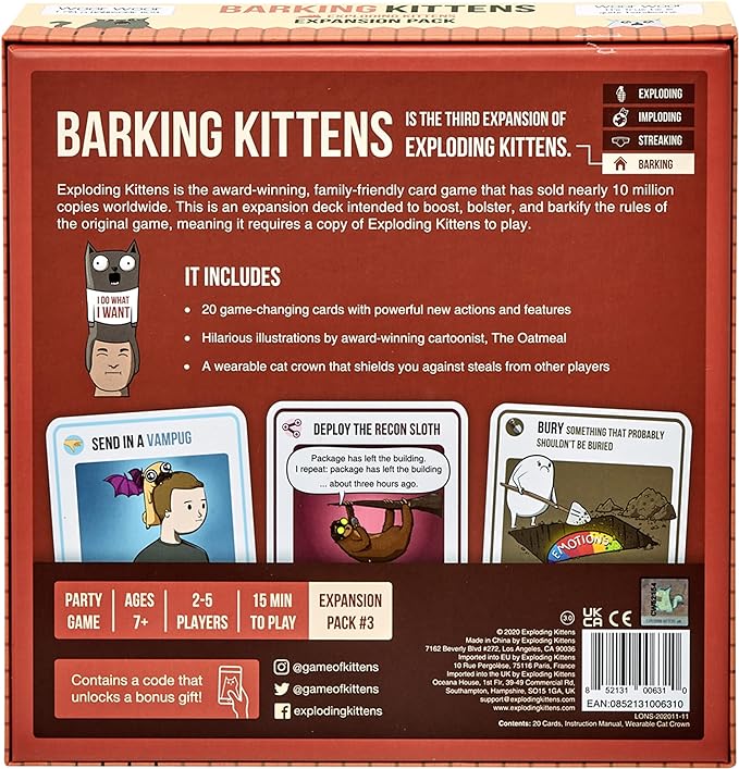 Barking Kittens Expansion Set - A Russian Roulette Card Game for Adults, Teens & Kids, Easy Family-Friendly Party Games - 20 Card Add-on