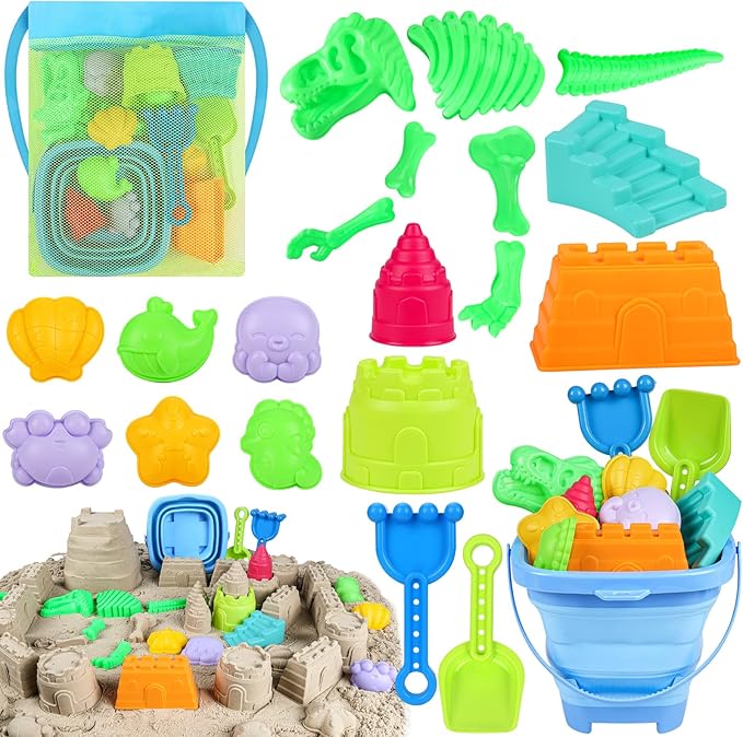 ERHAICAT Beach Toys, Dinosaur Sand Toys for Kids Toddlers with Collapsible Bucket, Sand Castle Building Kit, Mesh Storage Bag & Shovel Rake, Travel Summer Toys for Boys Girls Ages 3-10