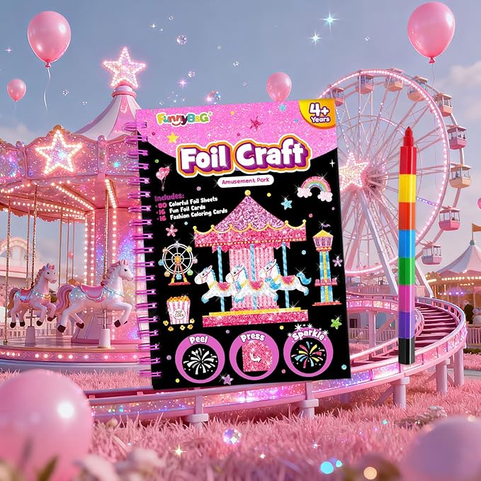 FUNNYB&G Foil Art Crafts for Kids Ages 4-8: Mother's Day 2026, Birthday Gift for Girls, Art and Crafts Supplies, Party Favors, Creative Toys for Girls 4 5 6 7 8 9 Years Old(Amusement Park)