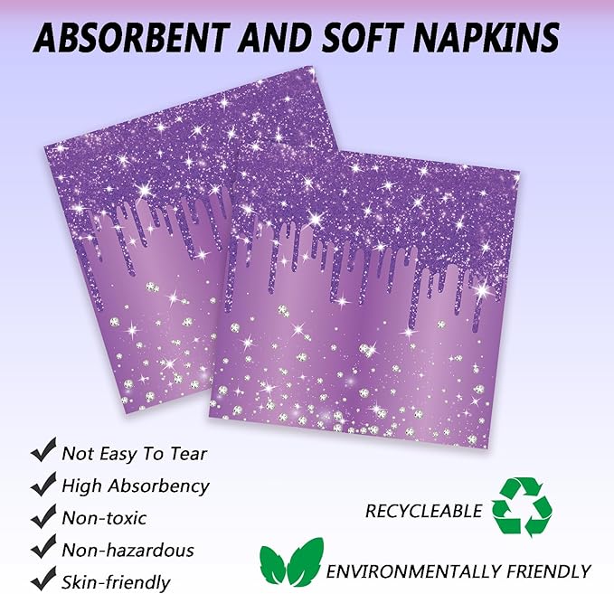 72 Pcs Purple Glitter Paper Plates 7in Disposable Paper Dessert Plates Napkins and Forks Party Tableware Set Happy Birthday Table Decorations for 24 Guests Purple Birthday Wedding Theme Party