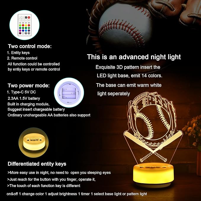 Baseball Night Light for Kids, Baseball Gift for Sports Players Fans, Decor Bedside Lamp for Bedroom/Office, 5 Buttons and Remote Control 14 Colors, Timer, Dim, Independent Warm White Lamp Base