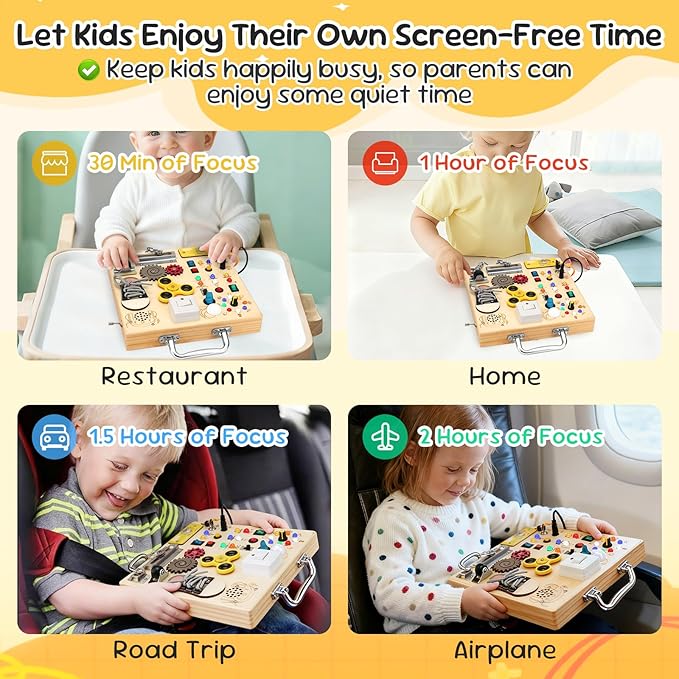 Wooden Busy Board with LED Light Montessori Baby Learning Toys for Toddlers , Sensory Activity Board, Travel Educational Toys, Boy & Girl Birthday Gift (Silver Handle)