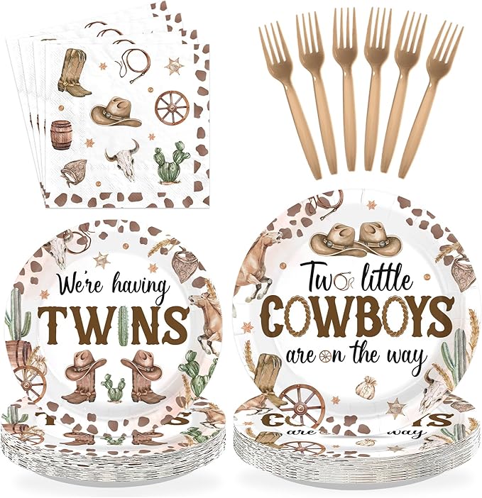 96Pcs Cowboys Twins Baby Shower Party Decorations Two Little Cowboys are On The Way Plates and Napkins Disposable Brown Wild West Tableware Set for Twins Boys Baby Shower Party Supplies Serves 24