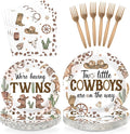 96Pcs Cowboys Twins Baby Shower Party Decorations Two Little Cowboys are On The Way Plates and Napkins Disposable Brown Wild West Tableware Set for Twins Boys Baby Shower Party Supplies Serves 24