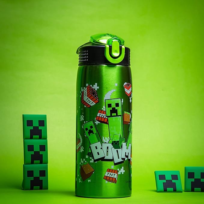 Zak Designs Minecraft Water Bottle for Travel and At Home, 19 oz Vacuum Insulated Stainless Steel with Locking Spout Cover, Built-In Carrying Loop, Leak-Proof Design (Creeper)