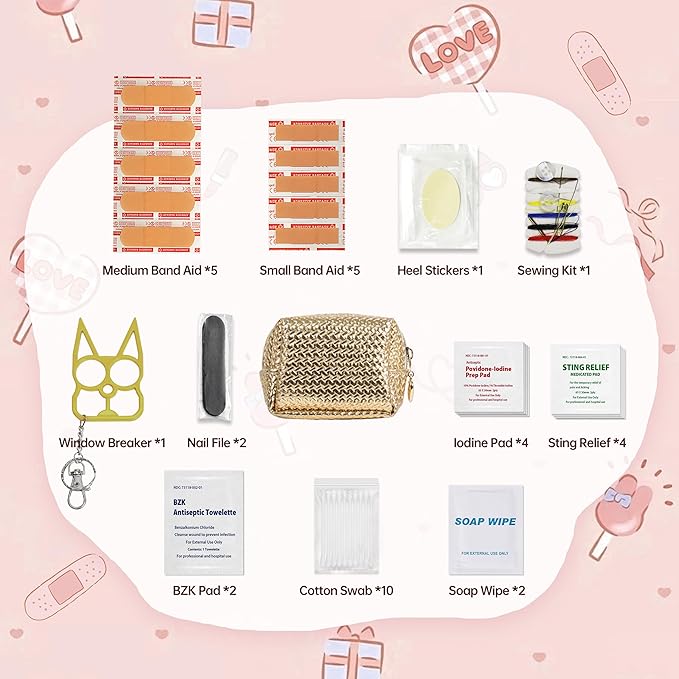 Kitgo Mini First Aid Emergency Clutch Kit -Mother Day Gift Compact Safety Pouch Party Bag with 27 Essential Items for Girl Lady Mother Wife Nurse for Girl Lady Mother Wife Nurse