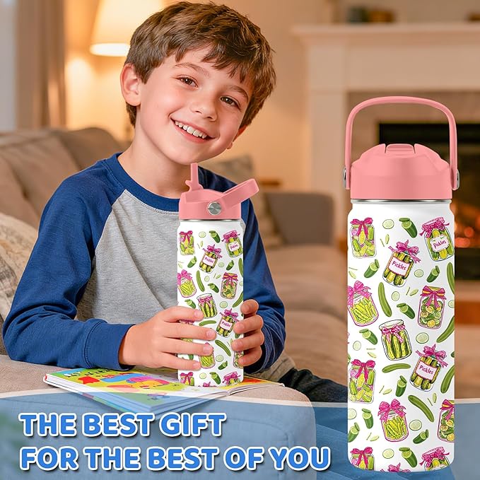 Pickle Gifts for Women - 18 oz Water Bottle with Straw Lid, Stainless Steel Insulated Bottle, Leak Proof, BPA - Free, Cute Pickle Jar Sport Bottles for Travel, Gift Cup for Girl(1pc)