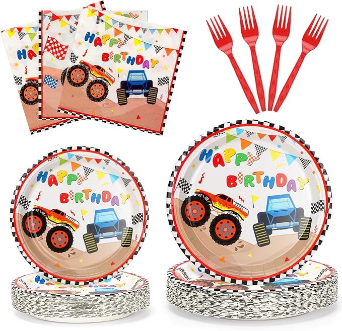 100 Pcs Monster Truck Party Plates and Napkins Set – Disposable Monster Theme Plates,Napkins,and Forks for Boys Birthday Parties and Truck-Themed Celebrations – Serves 25