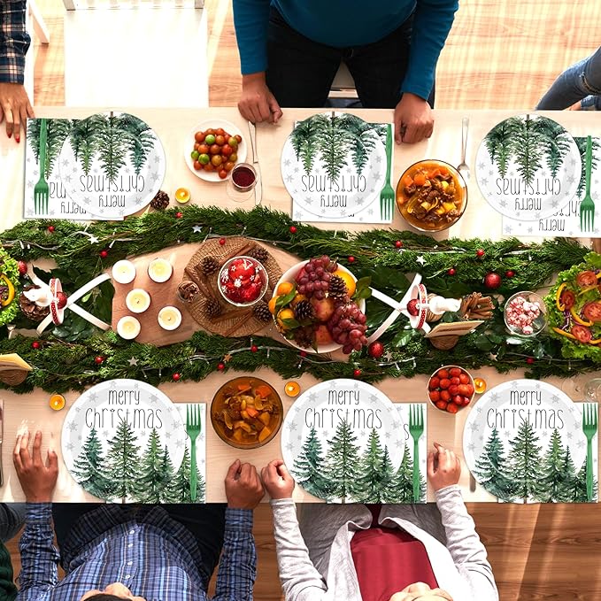 96Pcs Christmas Paper Plates and Napkins for Merry Christmas Watercolor Cedar Snowflake Party Supplies Xmas Pine Trees Party Tableware Set for 24 Guests Holiday Winter Xmas Party Decorations