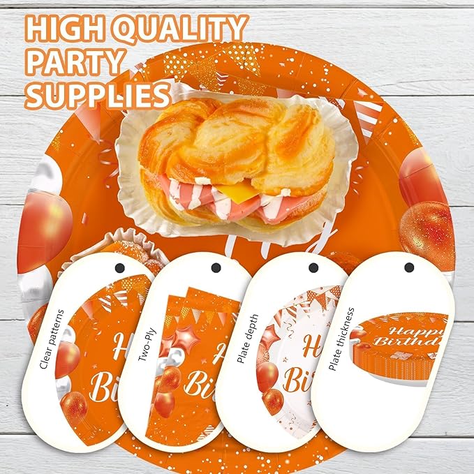 168Pcs Orange Happy Birthday Decorations Orange and White Plates and Napkins Cups Forks Disposable Bday Tableware Sets for Women Girls Kids Boys Men Birthday Baby Shower Party Supplies Serves 24