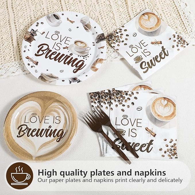 Grencian Love is Brewing Bridal Shower Decorations - 96Pcs Coffee Themed Bridal Shower Love is Brewing Plates and Napkins Disposable Tableware for Girls Wedding Engagement Party Decorations Serve 24