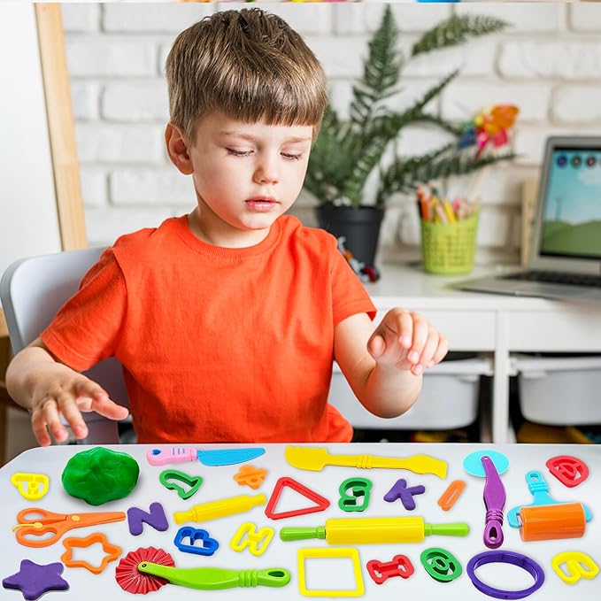 iShyan Dough Tools 55 PCS Dough Play Tools Set for Kids, Plastic Alphabet Numbers Shapes Cutters, Rollers, Scissors