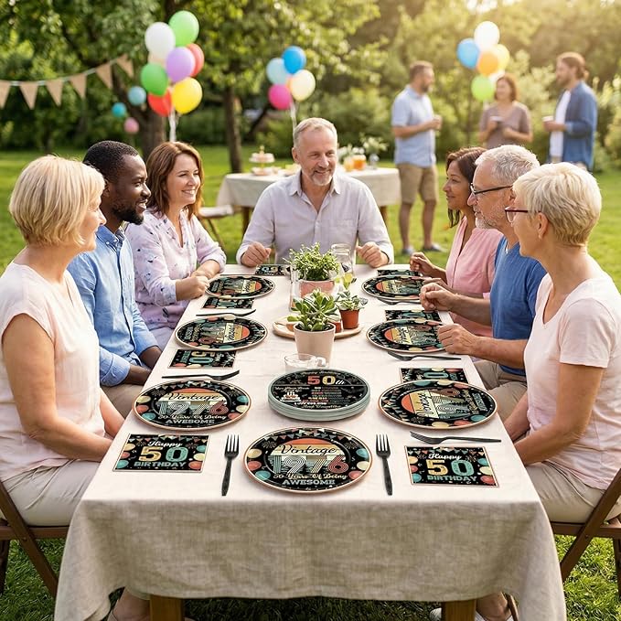 Wiooffen 96 Pcs Vintage 50th Birthday Party Plates Napkins Tableware Set Back in 1976 Supplies Disposable Dinnerware Colorful Cheers to 50 Years Decoration Favors for Women Men Party Favor, 24 Guests