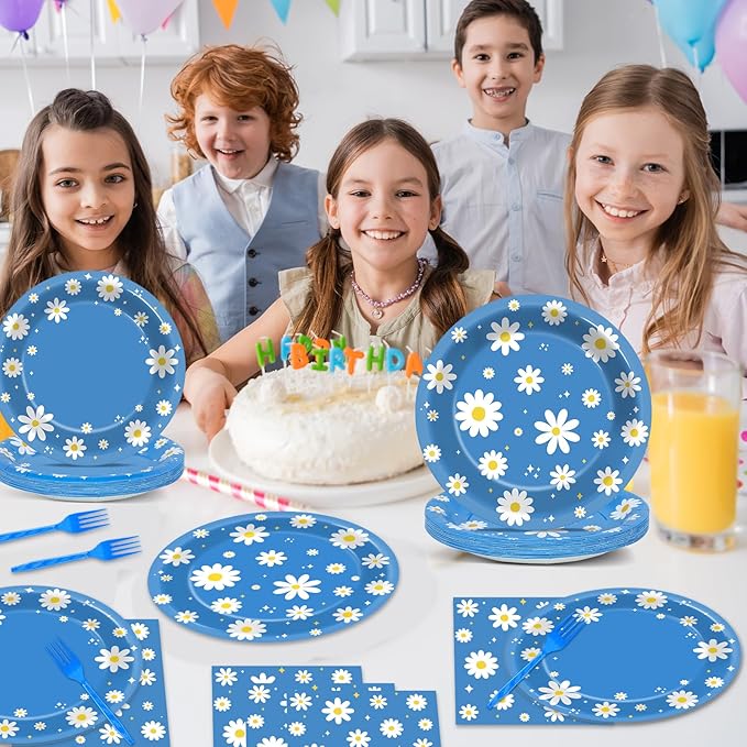 Justforjoyful 96Pcs Daisy Birthday Party Supplies Groovy Flower Paper Plates and Napkins Spring Floral Disposable Dinner Dessert Tableware Set for Blue Baby Shower Birthday Party Decorations Serve 24