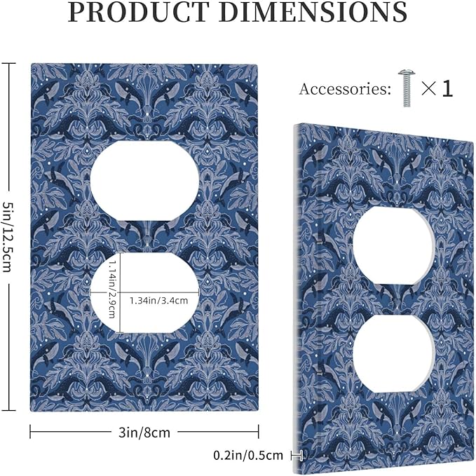 Blue Modern Nautical Art Whale Fish Ocean Damascus Outlet Covers 1 Gang Duplex Light Switch Cover Decorative Switch Plates Electrical Receptacle Faceplate Wall Plate for Bedroom Living Room Decor