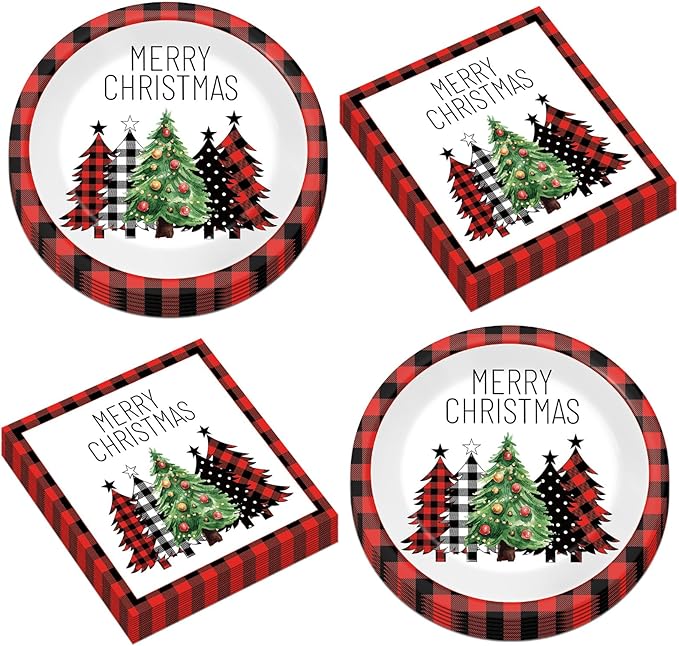50Pcs Christmas Buffalo Plaid Tree Paper Plates and Napkins Red and Black Checkered Table Decoration Merry Christmas Disposable Party Tableware Set Serves 25 Guest Winter Xmas Holiday Party Supplies
