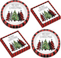 50Pcs Christmas Buffalo Plaid Tree Paper Plates and Napkins Red and Black Checkered Table Decoration Merry Christmas Disposable Party Tableware Set Serves 25 Guest Winter Xmas Holiday Party Supplies