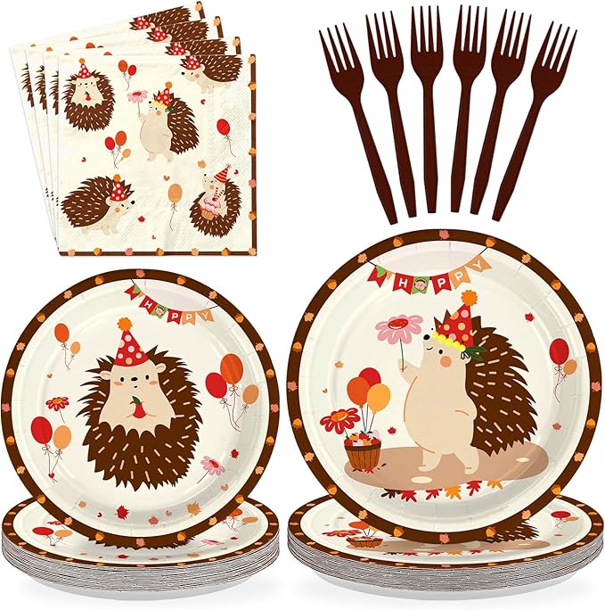96Pcs Hedgehog Birthday Party Supplies Forest Hedgehogs Woodland Plates and Napkins Cartoon Forest Animal Themed Tableware Set for Kids Boys Girls Birthday Party Supplies，Serves 24