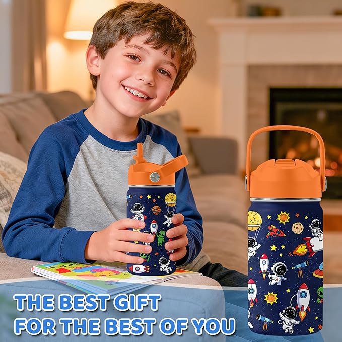Space Astronomy Gifts for Kids - 12 Oz Kids Water Bottle with Straw Lid, Stainless Steel Insulated Tumbler, Leak Proof, BPA-Free, for Boys, School, Travel - Universe Children Birthday Gifts Cups(1pc)