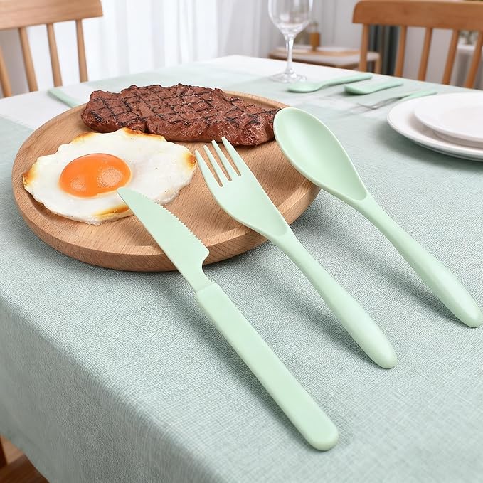 Portable Wheat Straw Cutlery, Knives Spoons and Forks Set, Reusable Spoon Knife Forks, Spoon Knife Fork Tableware Set for Party, Travel, Work, Picnic, Camping