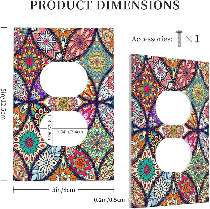 Bohemian Duplex Decorative Outlet Covers Electrical Receptacle 1 Gang Outlet Plate colorful Vintage Floral Mandala Flower Lightswitch Faceplate 5" X 3"