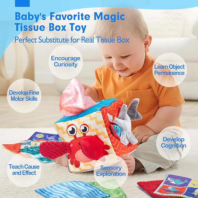hahaland Baby Tissue Box Toy - Baby Toys 6-12 Months Montessori Toys for 6 Month Old with Textured Tails, Crinkle Tissues, Squeaky, Mirror, Play Silks Sensoy Scarves Baby Gifts 9 Month Old Travel Toys