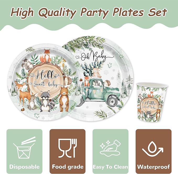 168PCS Woodland Baby Shower Party Supplies for Boys Girls Kids Winter Forest Party Decorations Jungle Animals Themed Plates and Napkins Cups Forks Knives and Straw Tableware Serve 24 Guests