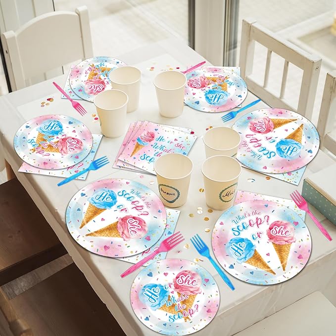 96PCS Ice Cream Gender Reveal Party Paper Tableware What's the Scoop Gender Reveal Plates Party Supplies for Summer Ice Cream Theme He or She Boy or Girl Baby Shower Dinnerware Plates Napkins Forks