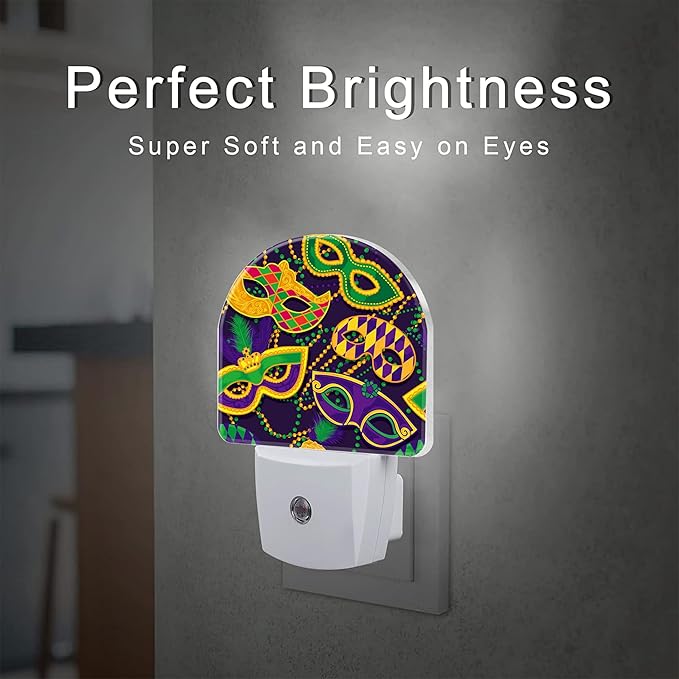 Happy Mardi Gras Night Light for Kids,Colorful Carnival Masks and Beads Plug in Night Light with Dusk to Dawn Sensor, 0.5w Energy Saving Nightlight for Hallway Stairway Kitchen Bedroom