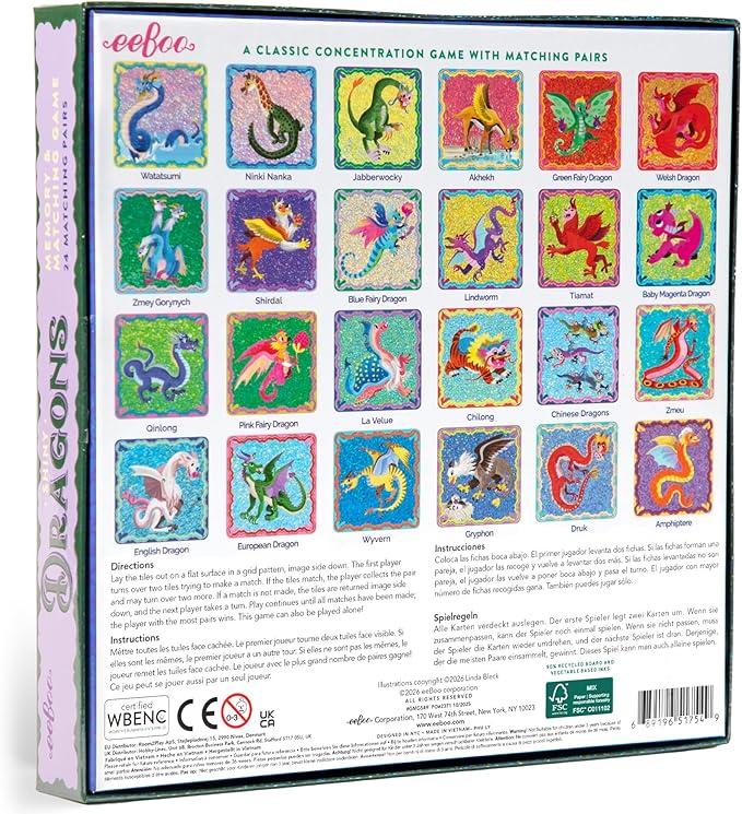 eeBoo: Memory and Matching Game - Shiny Dragons - 24 Pairs, Develops Recognition, Concentration, Memory & Vocabulary Skills, Age 3+