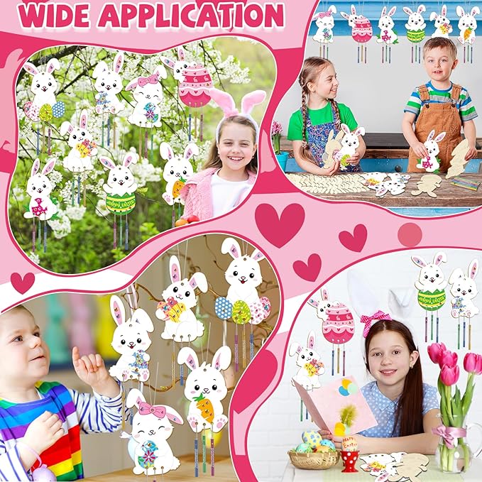 16 Pack Easter Bunny Wind Chime Kits Easter Crafts for Kid Make Your Own Easter Rabbit Wind Chime Wooden DIY Art and Crafts for Spring Party School Classroom Hanging Decoration Supplies Birthday Favor