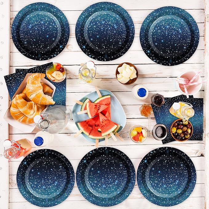 Galaxy Party Supplies Serves 24 Starry Night Party Paper Plates Napkins Space Theme Tablecloth Set Tableware Kit for Kids Birthday Party Baby Shower Dec