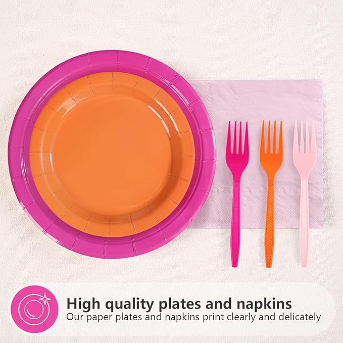 Grencian Pink and Orange Party Decorations Supplies 96Pcs Solid Color Paper Plates and Napkins Neon Disposable Hot Pink Orange Tableware for Sunset Birthday Party Graduation Decorations 2026 Serve 24