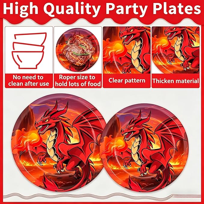 96Pcs Dragon Party Plates and Napkins for Magical Birthday Supplies Dragon Themed Paper Dessert Plates Tableware Set for 24 Guests Boys Birthday Party Decorations