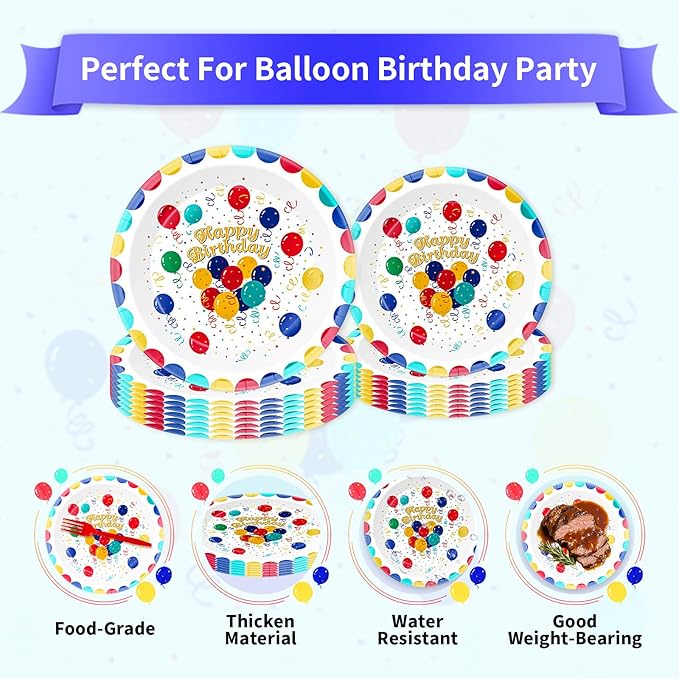 Birthday Party Supplies for 24 Guests – 96-Piece Disposable Party Tableware Set with Plates, Birthday Plates and Napkins, Forks, Colorful Balloons Party Supplies, Heavy Duty for Kids & Adults
