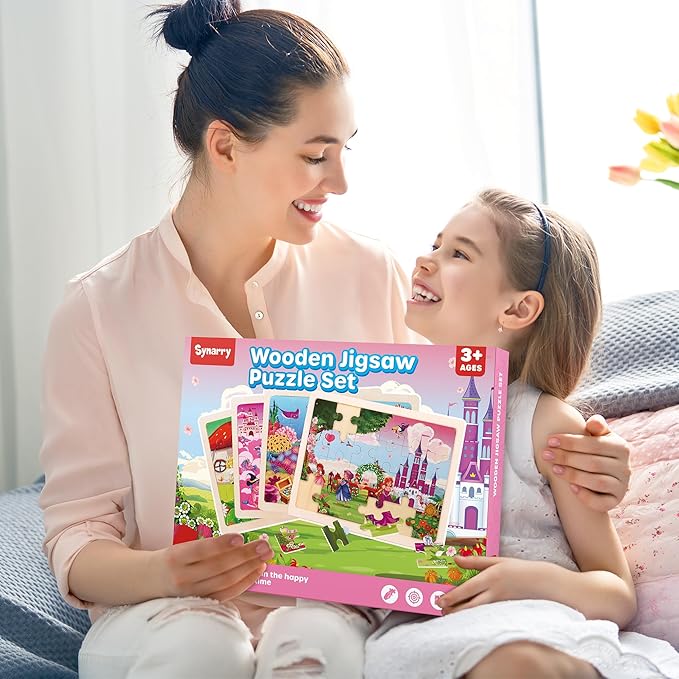 SYNARRY Large Unicorn Mermaid Princess Fairy Wooden Kids Puzzles 4 in 1 Gift Box(12.2 * 9.4 in), Wood Puzzles for Kids Ages 4-6, Wood Puzzles for Kids Ages 3-5, Easter Basket Stuffers Gifts for Kids
