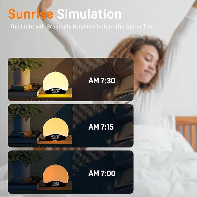 JALL Sunrise Alarm Clock for Bedrooms with White Noise Sound Machine, Wake Up Light Alarm Clocks for Heavy Sleepers & Kids, Dual Alarms, Nightlight, Sleep Timer, Bluetooth Speaker